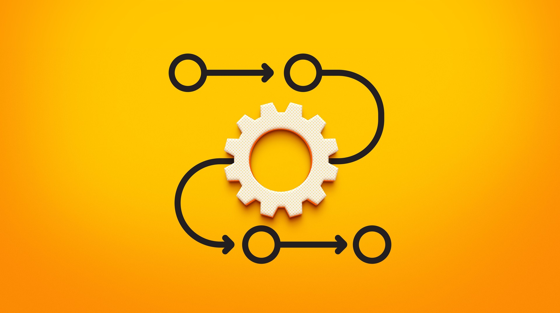 Process Diagram with 3D Gear Icon Centered Among Sequential Circular Steps – 3D Rendering.