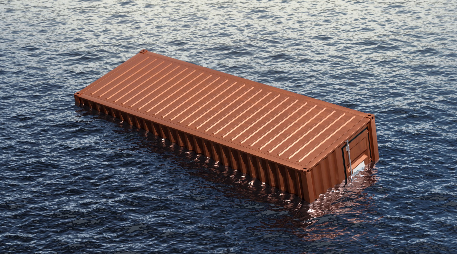 Orange metal cargo container floating in water background