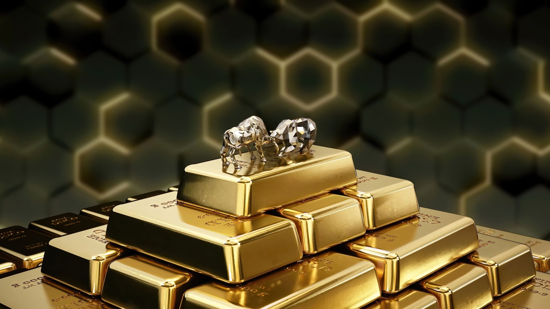 Stack of Gold Bars in a Pyramid Formation With Low-Poly Bear and Bull Figurines Standing on the Top